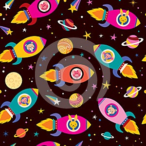 Cute animals in spaceships kids pattern