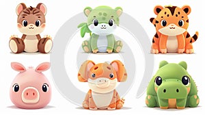Cute animals, stuffed dolls, animals with kawai faces and big eyes for children to play, isolated Cartoon modern photo