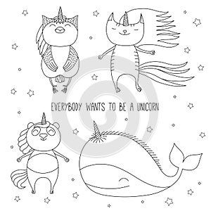Cute animals unicorns coloring pages