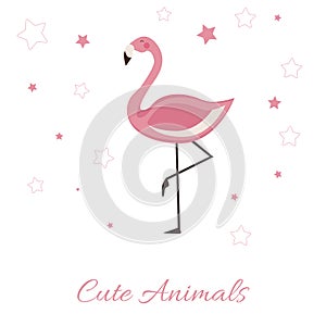 Cute Animals vector illustration with Pink Flamingo. lettering isolated illustration on white background