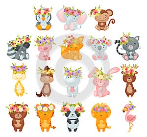 Cute Animals Wearing Blooming Flower Wreath on Their Head Big Vector Set