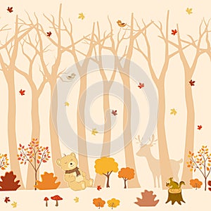 Cute animals wildlife on autumn forest seamless pattern design for wallpaper,fashion,fabric,textile,kid product and all print