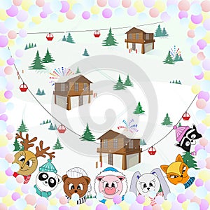 Cute animals, winter landscape, Christmas color illustration