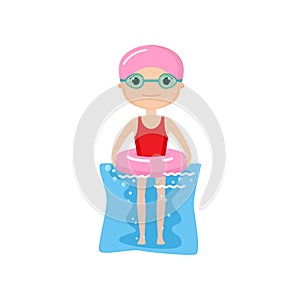 Cute animated character with pink inflatable ring in water
