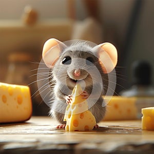 Cute animated mouse reaches for a chunk of delicious cheese