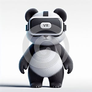 A cute animated panda character stands wearing a virtual reality headset, engaging in a playful and immersive VR experience,