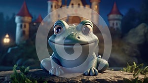 a cute animation inspired frog in fornt of a castle, children good night style, ai generated image