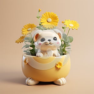 Cute Anime Aesthetic Figurine Dog In Flower Pot - Hyper-detailed Octane Render