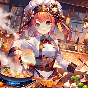 A cute anime chef girl cooking in a kitchen, with the chef costums, creating delicious meals, digital anime art, wallpaper photo