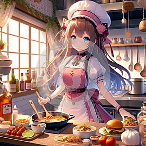 A cute anime chef girl in a small kithcen, wearing cute chef costums, prepare to cooking the meals, digital anime art, wallpaper photo