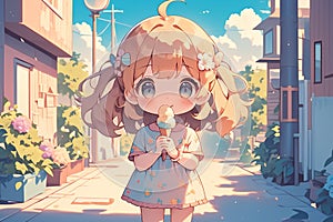 cute anime chibi girl with blond hair eating ice cream on a summer street