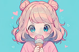 cute anime chibi girl with pink hair eating ice cream cone on blue background