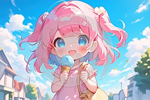 cute anime chibi girl with pink hair eating ice cream on a summer street