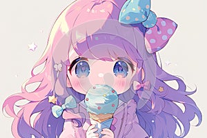 cute anime chibi girl with purple hair with bow eating ice cream cone on white background