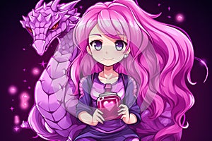 Cute anime dragon girl with pink hair holding an elixir bottle in her arms