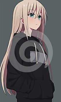 Cute Anime Girl in Black Hoodie and Green Eyes