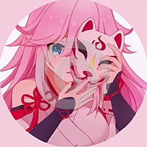 Cute Anime Girl with Cat Mask and Pink Hair photo