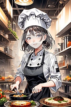 A cute anime girl in chef& x27;s uniform, performing her pasion for cooking and signature dish, anime style