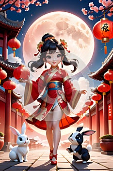 A cute anime girl dressed in red hanfu, with cute rabbit next to her, red lampions, tree blossoms, wallpaper, anime style
