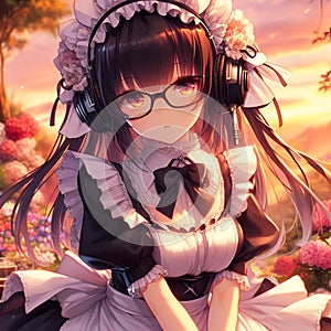 A cute anime girl in a garden at sunset, with flower, wearing headphone, maid headdress, blunt bangs, digital anime art, glasses