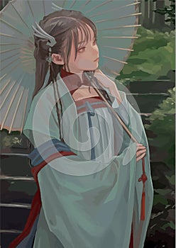 A cute anime girl geisha in a kimono and holding an umbrella photo