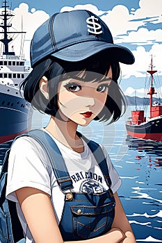 A cute anime girl standing by waterside of a harbor, sailling ships in background, short black hair, cap, casual clothings photo