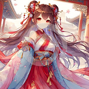 A cute anime princess in a palace, beautiful girl, hanfu dress, oriental hair, ancient time, painting, anime art, fantasy