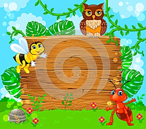 Cute ant bee and owl near empty wooden banner