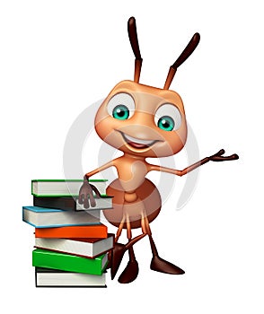 cute Ant cartoon character with book stack