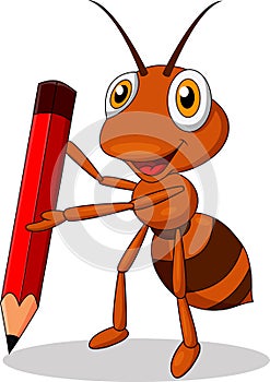 Cute ant cartoon holding a red pencil