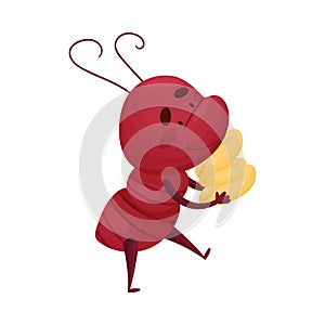 Cute Ant Character Carrying Grain to His Home Vector Illustration