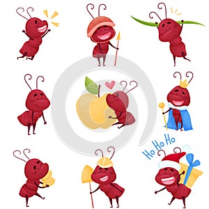 Cute Ant Character Carrying Grass Blade and Embracing Apple Vector Illustrations Set