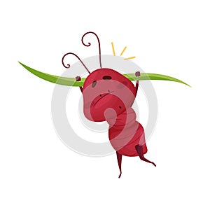 Cute Ant Character Carrying Green Grass Blade Vector Illustration