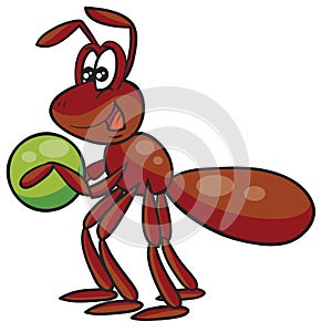 Cute ant character holding a pea in hands, isolated object on white background, cartoon illustration, vector