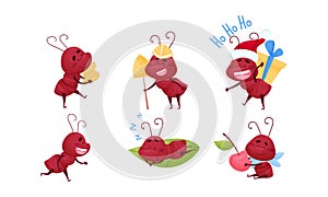Cute Ant Character Sleeping on Leaf and Eating Cherry Vector Set