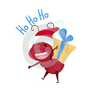 Cute Ant Character Wearing Santas Hat and Carrying Gift Box on His Back Vector Illustration