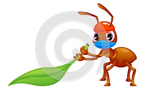 Cute ant is dragging a leaf, wearing a face mask and a hat, coronavirus