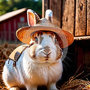 Cute anthropomorphic bunny rabbit farmer with straw hat, cartoon concept