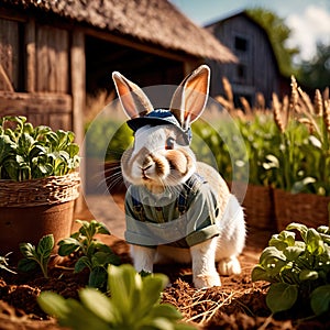 Cute anthropomorphic bunny rabbit farmer with straw hat, cartoon concept