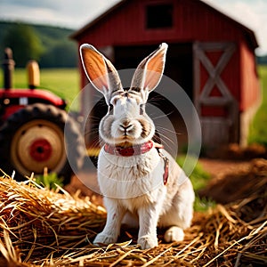 Cute anthropomorphic bunny rabbit farmer with straw hat, cartoon concept