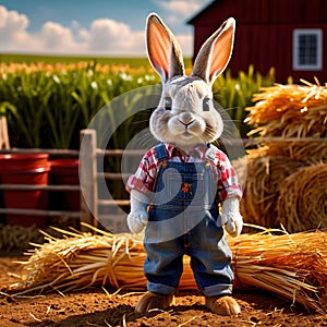 Cute anthropomorphic bunny rabbit farmer with straw hat, cartoon concept