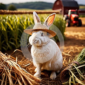 Cute anthropomorphic bunny rabbit farmer with straw hat, cartoon concept