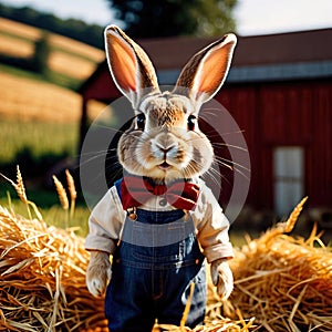 Cute anthropomorphic bunny rabbit farmer with straw hat, cartoon concept