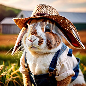 Cute anthropomorphic bunny rabbit farmer with straw hat, cartoon concept