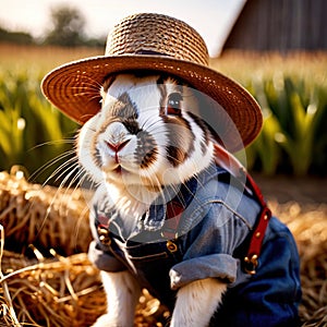 Cute anthropomorphic bunny rabbit farmer with straw hat, cartoon concept