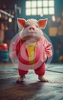 A cute anthropomorphic pig who wears sportswear and has a bold attitude