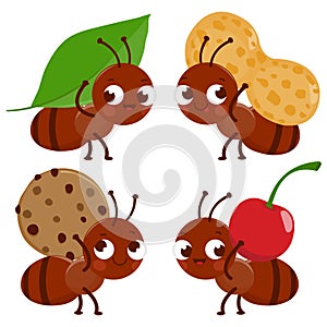 Cute ants carrying food. Bug insect characters in the garden collect seeds and fruit. Vector illustration