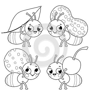 Cute ants carrying food. Vector black and white coloring page