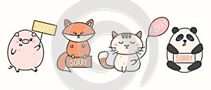 Cute apologetic animals saying sorry. A Cat with a Balloon, a Fox, a Panda and a pig. Set of vector isolated cartoon icons