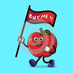 Cute Apple character carrying a flag that says buy me. Fruit character icon concept isolated. Emoji Sticker. flat cartoon style